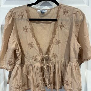 American Eagle Outfitters Beige Embroidered Tie-Front Peplum Tunic